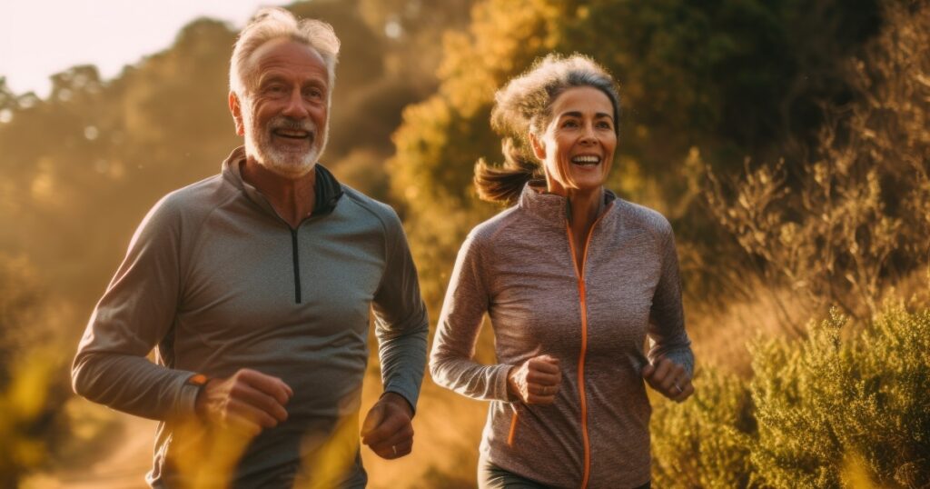 A happy couple jogging through the forest