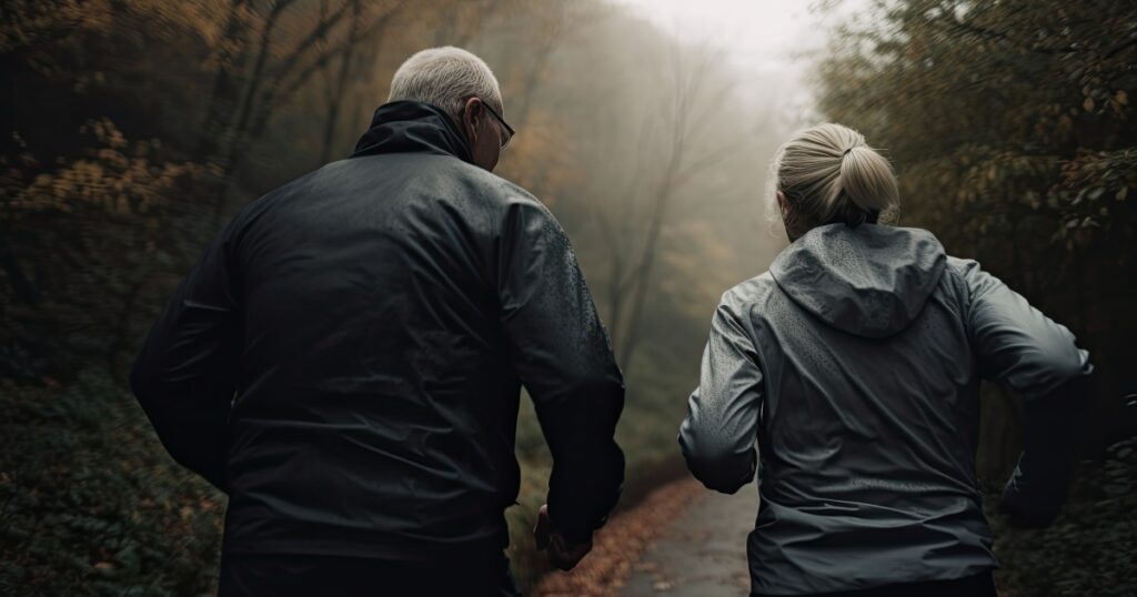 A close up of two people jogging in a dark forest