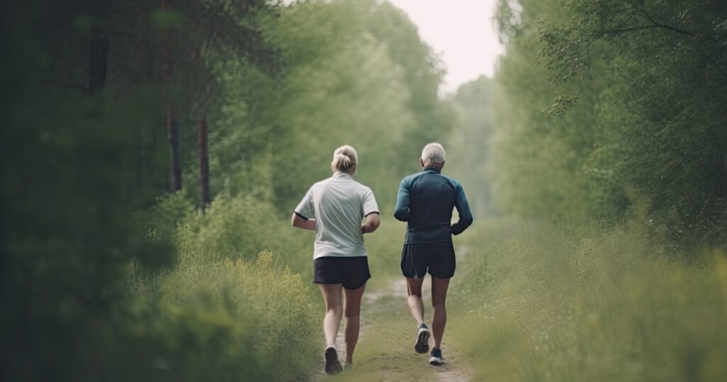 Two people jogging in a forest